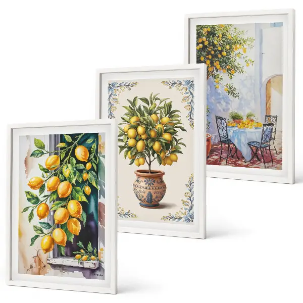 Wanddecoratieset schilderijen met citroenbomen, fruit en zon