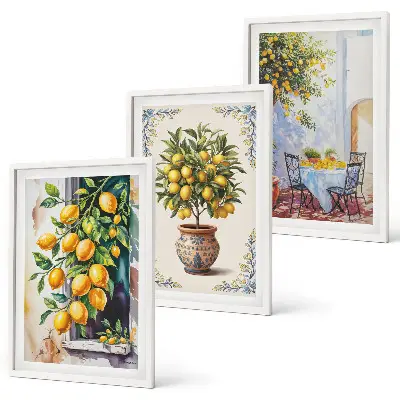 Wanddecoratieset schilderijen met citroenbomen, fruit en zon