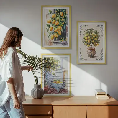 Wanddecoratieset schilderijen met citroenbomen, fruit en zon