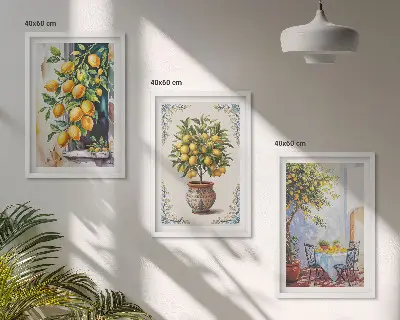 Wanddecoratieset schilderijen met citroenbomen, fruit en zon