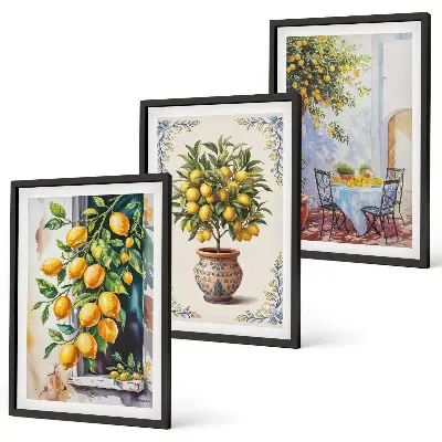 Wanddecoratieset schilderijen met citroenbomen, fruit en zon