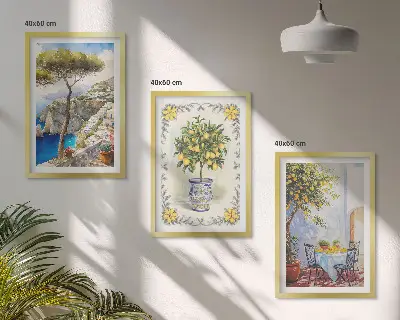 Wanddecoratieset schilderijen met uitzicht op citroenbomen aan zee