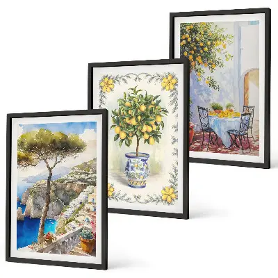Wanddecoratieset schilderijen met uitzicht op citroenbomen aan zee