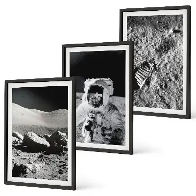 Set wanddecoratie met schilderijen met afbeeldingen van NASA, de maan en een astronaut