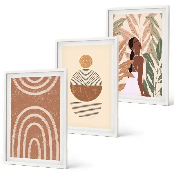 Wanddecoratieset schilderijen met stijlvolle plantmotieven en geometrische patronen