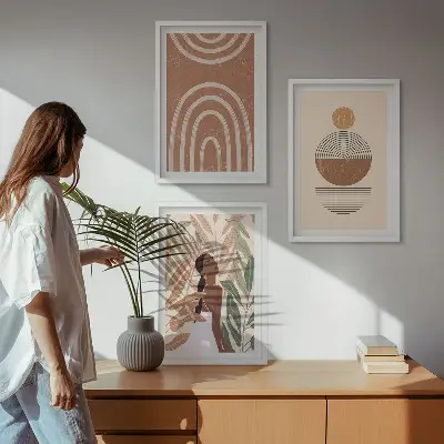 Wanddecoratieset schilderijen met stijlvolle plantmotieven en geometrische patronen