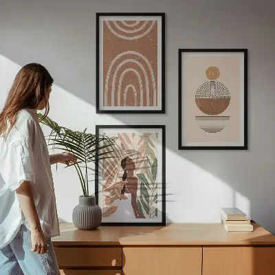Wanddecoratieset schilderijen met stijlvolle plantmotieven en geometrische patronen