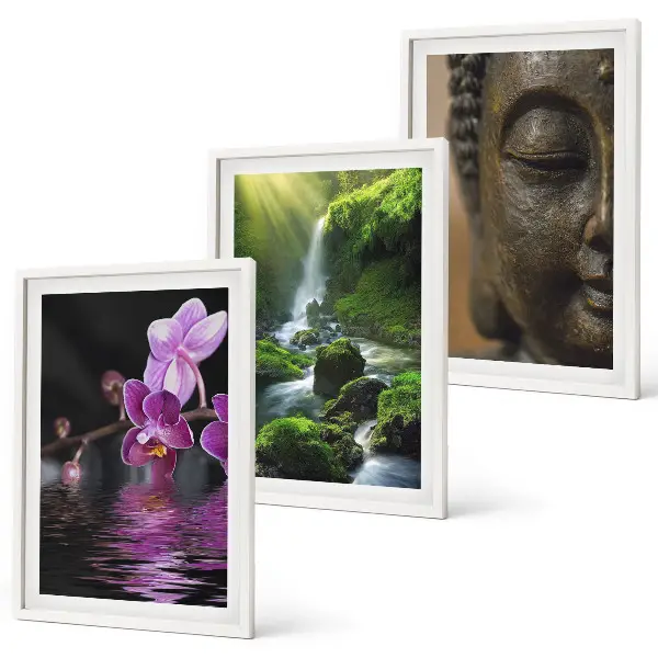 Wanddecoratie set met schilderijen met bloemen, waterval, Boeddha, rotsen en zen thema