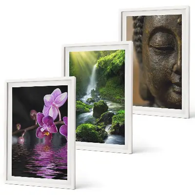 Wanddecoratie set met schilderijen met bloemen, waterval, Boeddha, rotsen en zen thema