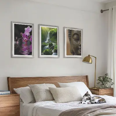 Wanddecoratie set met schilderijen met bloemen, waterval, Boeddha, rotsen en zen thema