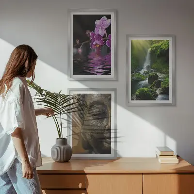 Wanddecoratie set met schilderijen met bloemen, waterval, Boeddha, rotsen en zen thema