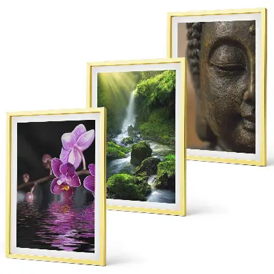 Wanddecoratie set met schilderijen met bloemen, waterval, Boeddha, rotsen en zen thema