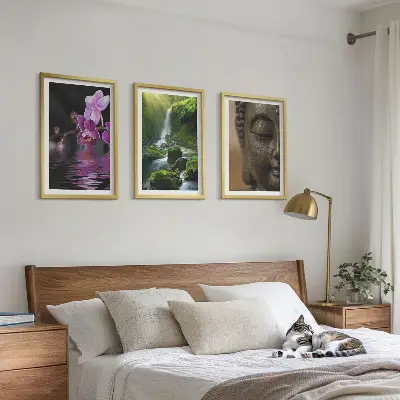 Wanddecoratie set met schilderijen met bloemen, waterval, Boeddha, rotsen en zen thema