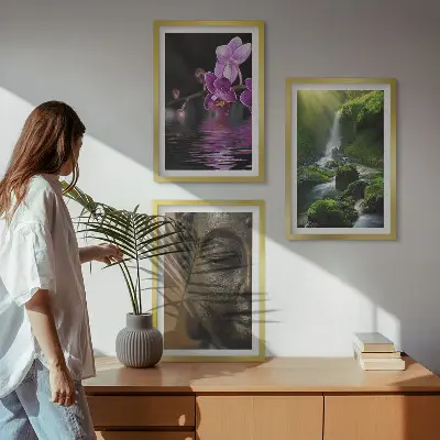 Wanddecoratie set met schilderijen met bloemen, waterval, Boeddha, rotsen en zen thema