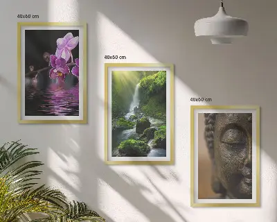 Wanddecoratie set met schilderijen met bloemen, waterval, Boeddha, rotsen en zen thema