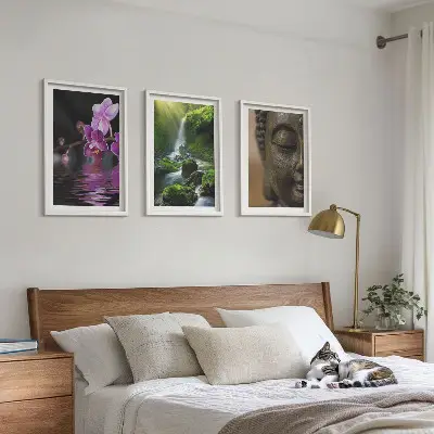 Wanddecoratie set met schilderijen met bloemen, waterval, Boeddha, rotsen en zen thema