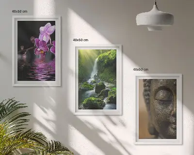 Wanddecoratie set met schilderijen met bloemen, waterval, Boeddha, rotsen en zen thema
