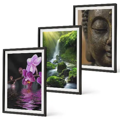Wanddecoratie set met schilderijen met bloemen, waterval, Boeddha, rotsen en zen thema