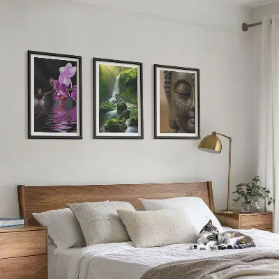 Wanddecoratie set met schilderijen met bloemen, waterval, Boeddha, rotsen en zen thema