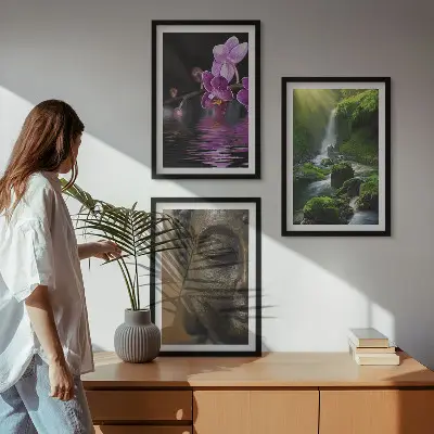 Wanddecoratie set met schilderijen met bloemen, waterval, Boeddha, rotsen en zen thema