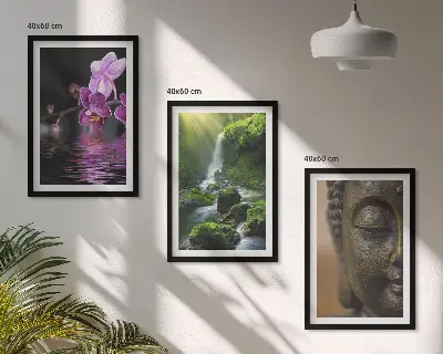 Wanddecoratie set met schilderijen met bloemen, waterval, Boeddha, rotsen en zen thema