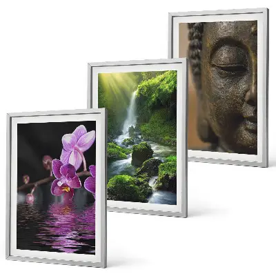 Wanddecoratie set met schilderijen met bloemen, waterval, Boeddha, rotsen en zen thema