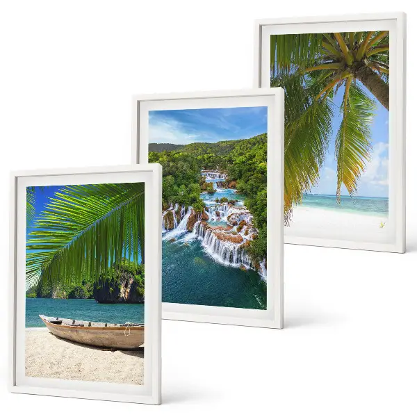 Wanddecoratieset schilderijen strand met boot, watervallen en palmbomen