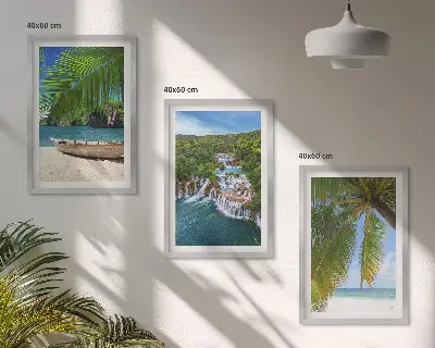 Wanddecoratieset schilderijen strand met boot, watervallen en palmbomen