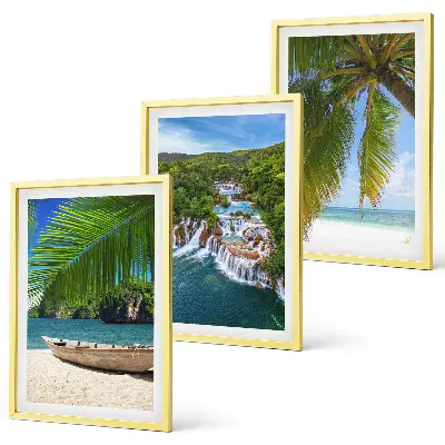 Wanddecoratieset schilderijen strand met boot, watervallen en palmbomen