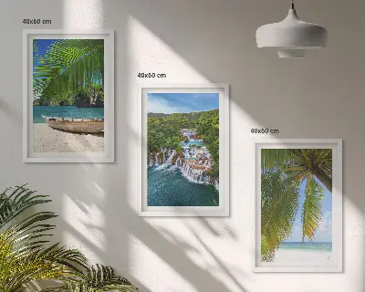 Wanddecoratieset schilderijen strand met boot, watervallen en palmbomen