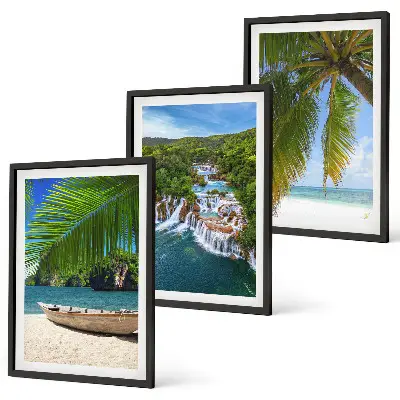 Wanddecoratieset schilderijen strand met boot, watervallen en palmbomen