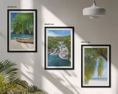 Wanddecoratieset schilderijen strand met boot, watervallen en palmbomen