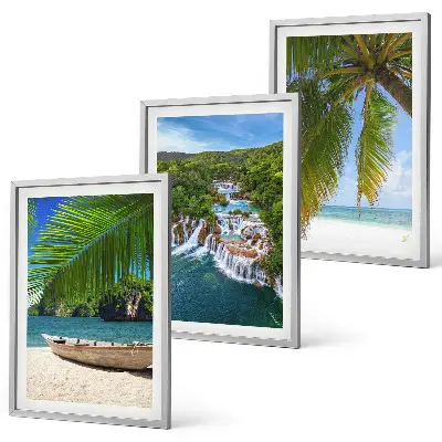 Wanddecoratieset schilderijen strand met boot, watervallen en palmbomen