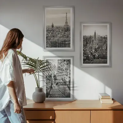 Fotowand met uitzichten op Parijs en New York met trappen