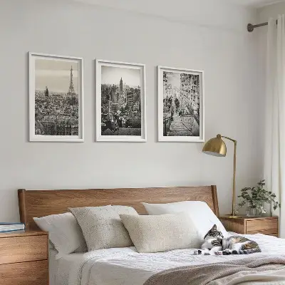 Fotowand met uitzichten op Parijs en New York met trappen
