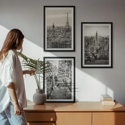 Fotowand met uitzichten op Parijs en New York met trappen