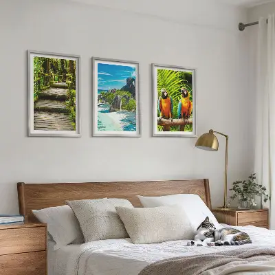 Wanddecoratieset schilderijen tropisch regenwoud met een waterval en papagaaien