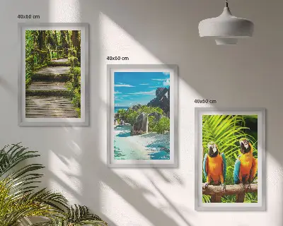 Wanddecoratieset schilderijen tropisch regenwoud met een waterval en papagaaien