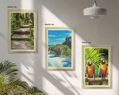 Wanddecoratieset schilderijen tropisch regenwoud met een waterval en papagaaien