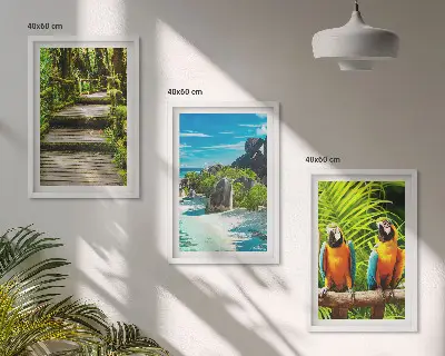 Wanddecoratieset schilderijen tropisch regenwoud met een waterval en papagaaien