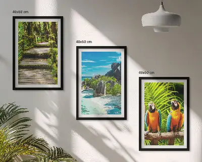 Wanddecoratieset schilderijen tropisch regenwoud met een waterval en papagaaien