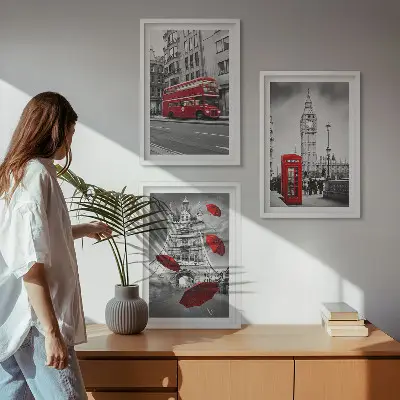 Wanddecoratieset schilderijen met rode accenten van Londen