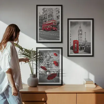 Wanddecoratieset schilderijen met rode accenten van Londen