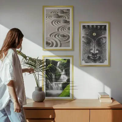 Fotowand met zen-boeddha en waterval bij stenen