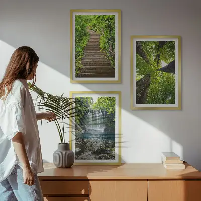 Fotowand met een bospad bij een waterval en weelderige vegetatie