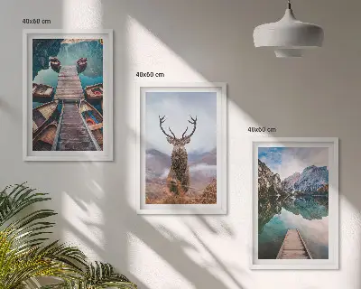 Wanddecoratieset schilderijen met een meer met boten en bergen