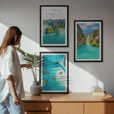 Wanddecoratie set schilderijen tropische eilanden met turkoois water