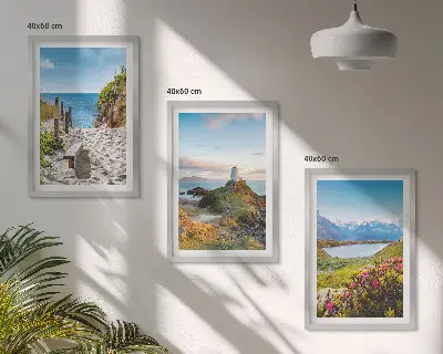 Fotowand met strand, vuurtoren, bergen en bloemen
