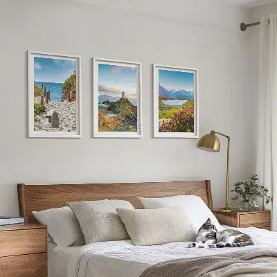 Fotowand met strand, vuurtoren, bergen en bloemen