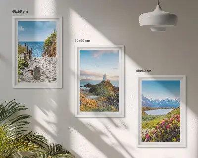 Fotowand met strand, vuurtoren, bergen en bloemen